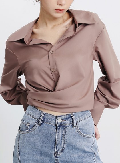 圍裹式造型長袖襯衫